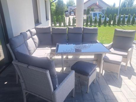 Narożnik technorattan ze stołem 120x70cm, dwoma fotelami i pufami Lirata Corner Light Grey