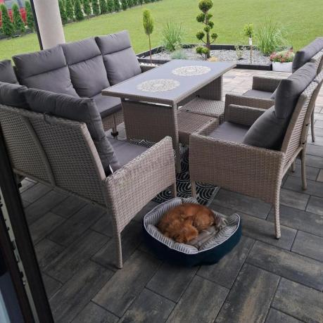 Narożnik technorattan ze stołem 120x70cm, dwoma fotelami i pufami Lirata Corner Light Grey