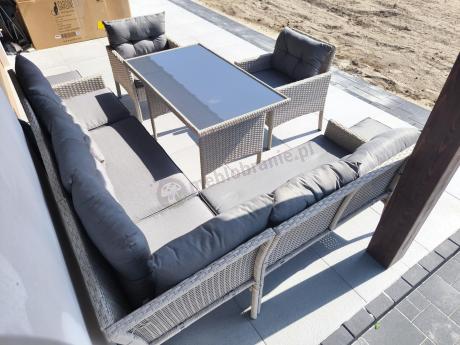 Narożnik technorattan ze stołem 120x70cm i fotelami Perata Corner Plus Light Grey