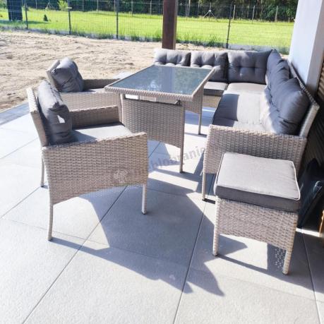 Narożnik technorattan ze stołem 120x70cm i fotelami Perata Corner Plus Light Grey