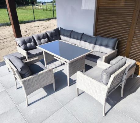 Narożnik technorattan ze stołem 120x70cm i fotelami Perata Corner Plus Light Grey