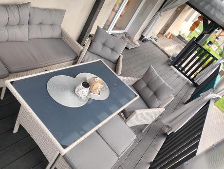 Narożnik technorattan ze stołem 120x70cm i fotelami Perata Corner Plus Light Grey