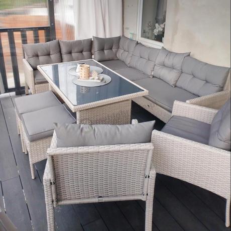 Narożnik technorattan ze stołem 120x70cm i fotelami Perata Corner Plus Light Grey