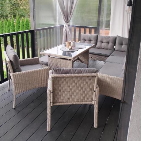 Narożnik technorattan ze stołem 120x70cm i fotelami Perata Corner Plus Light Grey