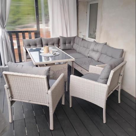 Narożnik technorattan ze stołem 120x70cm i fotelami Perata Corner Plus Light Grey