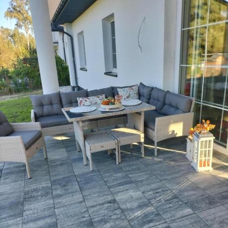 Narożnik technorattan ze stołem 120x70cm i fotelami Perata Corner Plus Light Grey