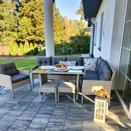 Narożnik technorattan ze stołem 120x70cm i fotelami Perata Corner Plus Light Grey