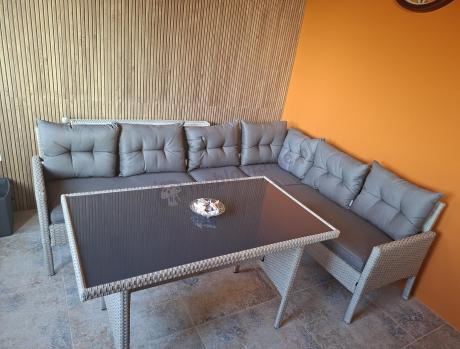 Narożnik technorattan ze stołem 120x70cm i fotelami Perata Corner Plus Light Grey