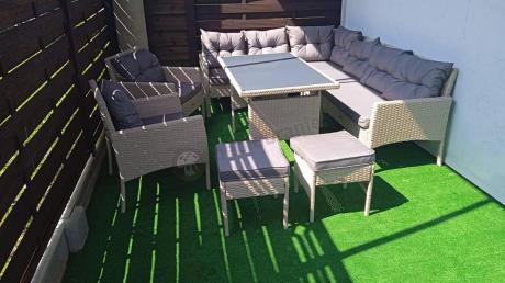 Narożnik technorattan ze stołem 120x70cm i fotelami Perata Corner Plus Light Grey