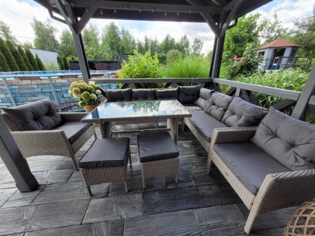 Narożnik technorattan ze stołem 120x70cm i fotelami Perata Corner Plus Light Grey