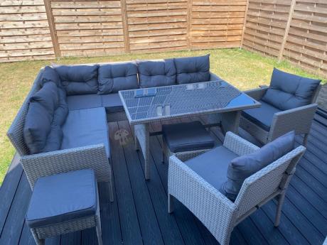 Narożnik technorattan ze stołem 120x70cm i fotelami Perata Corner Plus Light Grey