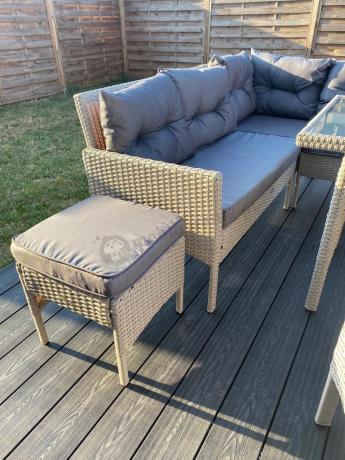 Narożnik technorattan ze stołem 120x70cm i fotelami Perata Corner Plus Light Grey