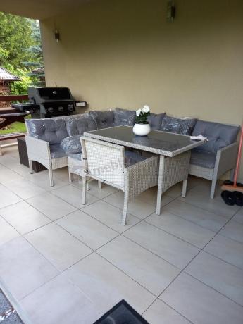 Narożnik technorattan ze stołem 120x70cm i fotelami Perata Corner Plus Light Grey