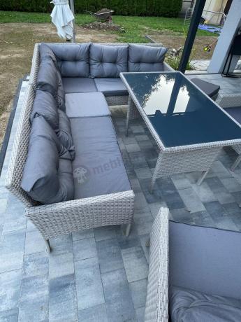 Narożnik technorattan ze stołem 120x70cm i fotelami Perata Corner Plus Light Grey