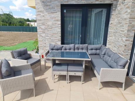 Narożnik technorattan ze stołem 120x70cm i fotelami Perata Corner Plus Light Grey