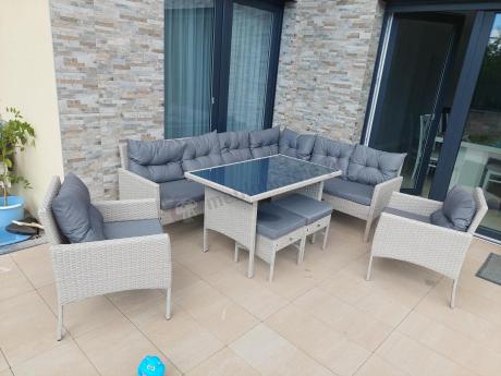 Narożnik technorattan ze stołem 120x70cm i fotelami Perata Corner Plus Light Grey