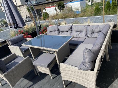 Narożnik technorattan ze stołem 120x70cm i fotelami Perata Corner Plus Light Grey