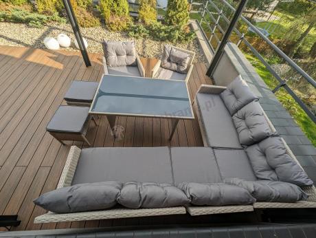 Narożnik technorattan ze stołem 120x70cm i fotelami Perata Corner Plus Light Grey