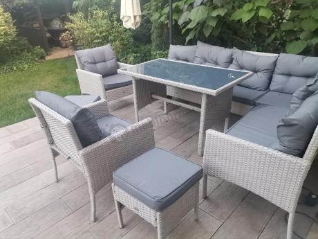 Narożnik technorattan ze stołem 120x70cm i fotelami Perata Corner Plus Light Grey