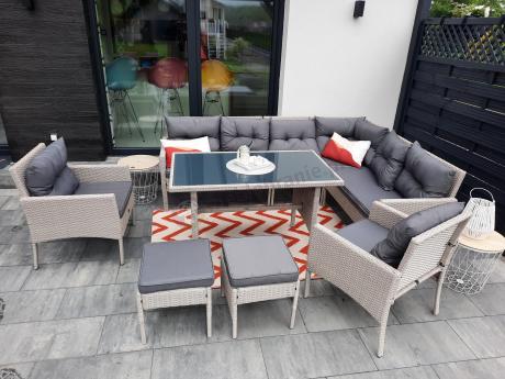 Narożnik technorattan ze stołem 120x70cm i fotelami Perata Corner Plus Light Grey