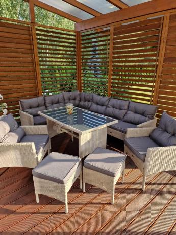 Narożnik technorattan ze stołem 120x70cm i fotelami Perata Corner Plus Light Grey