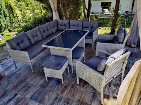 Narożnik technorattan ze stołem 120x70cm i fotelami Perata Corner Plus Light Grey