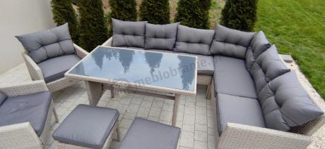 Narożnik technorattan ze stołem 120x70cm i fotelami Perata Corner Plus Light Grey