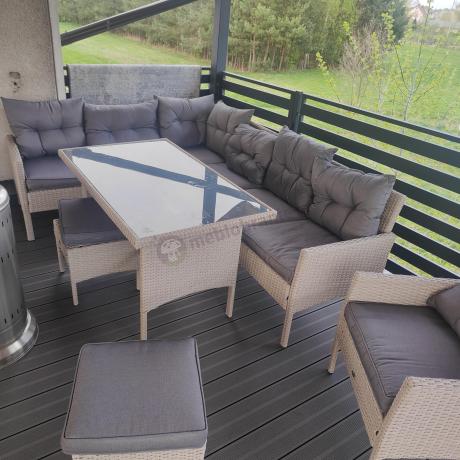 Narożnik technorattan ze stołem 120x70cm i fotelami Perata Corner Plus Light Grey