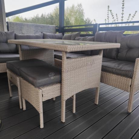 Narożnik technorattan ze stołem 120x70cm i fotelami Perata Corner Plus Light Grey