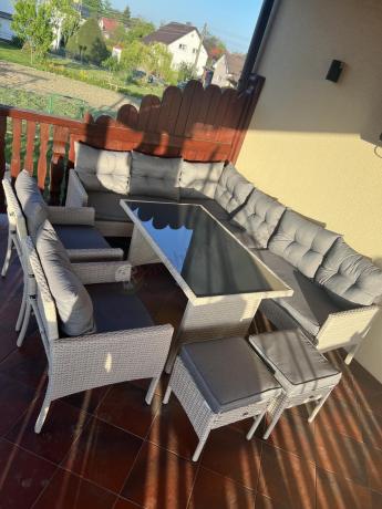 Narożnik technorattan ze stołem 120x70cm i fotelami Perata Corner Plus Light Grey