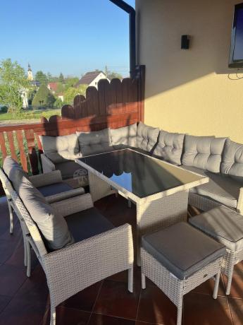 Narożnik technorattan ze stołem 120x70cm i fotelami Perata Corner Plus Light Grey