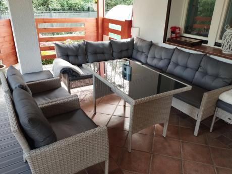 Narożnik technorattan ze stołem 120x70cm i fotelami Perata Corner Plus Light Grey