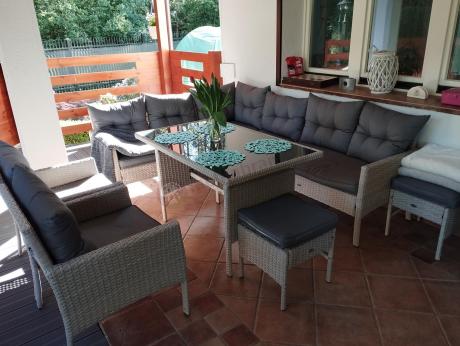 Narożnik technorattan ze stołem 120x70cm i fotelami Perata Corner Plus Light Grey