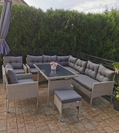 Narożnik technorattan ze stołem 120x70cm i fotelami Perata Corner Plus Light Grey