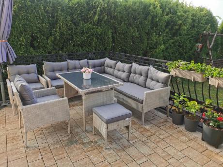 Narożnik technorattan ze stołem 120x70cm i fotelami Perata Corner Plus Light Grey