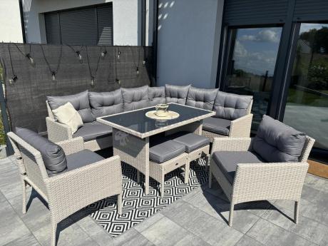 Narożnik technorattan ze stołem 120x70cm i fotelami Perata Corner Plus Light Grey