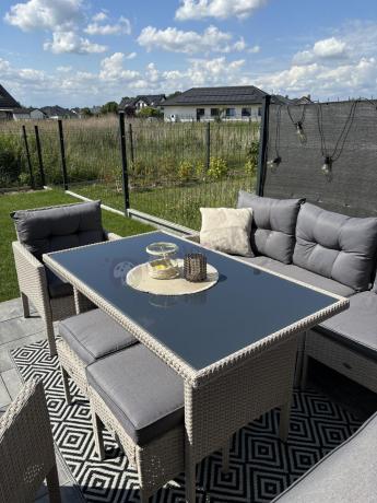 Narożnik technorattan ze stołem 120x70cm i fotelami Perata Corner Plus Light Grey