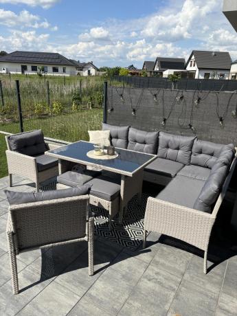 Narożnik technorattan ze stołem 120x70cm i fotelami Perata Corner Plus Light Grey