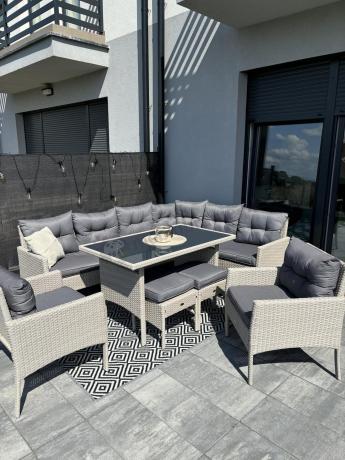 Narożnik technorattan ze stołem 120x70cm i fotelami Perata Corner Plus Light Grey