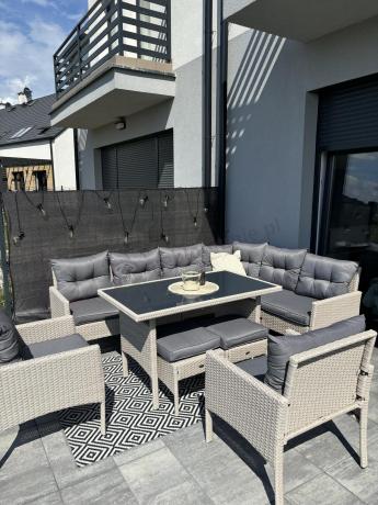 Narożnik technorattan ze stołem 120x70cm i fotelami Perata Corner Plus Light Grey