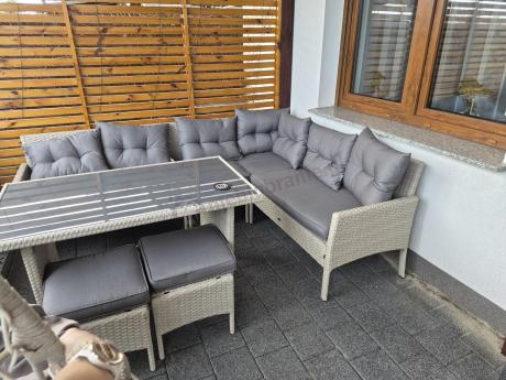 Narożnik technorattan ze stołem 120x70cm i pufami Perata Corner Light Grey