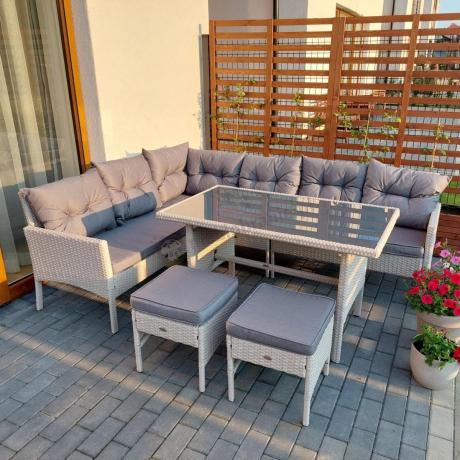Narożnik technorattan ze stołem 120x70cm i pufami Perata Corner Light Grey