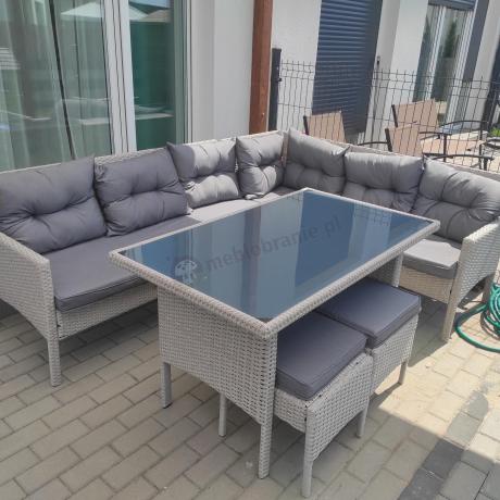 Narożnik technorattan ze stołem 120x70cm i pufami Perata Corner Light Grey