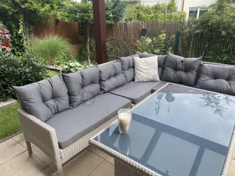 Narożnik technorattan ze stołem 120x70cm i pufami Perata Corner Light Grey