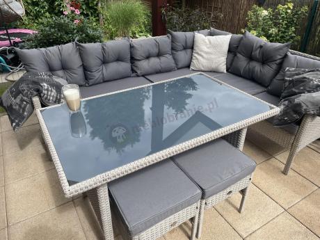 Narożnik technorattan ze stołem 120x70cm i pufami Perata Corner Light Grey