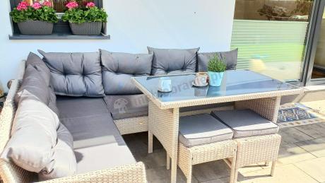 Narożnik technorattan ze stołem 120x70cm i pufami Perata Corner Light Grey