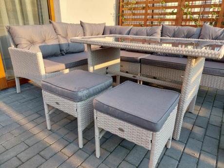 Narożnik technorattan ze stołem 120x70cm i pufami Perata Corner Light Grey