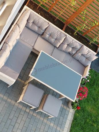 Narożnik technorattan ze stołem 120x70cm i pufami Perata Corner Light Grey