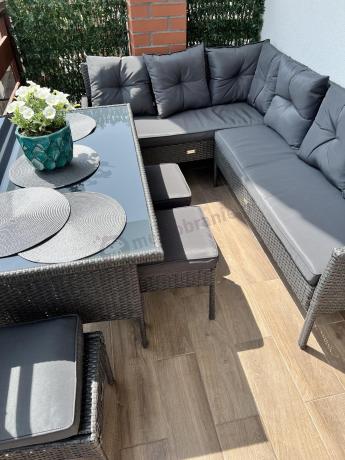 Narożnik z technorattanu 190x140cm z wysokim stołem i 3 pufami Torino Corner Anthracite