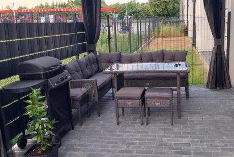 Narożnik z technorattanu 190x140cm z wysokim stołem i 3 pufami Torino Corner Anthracite